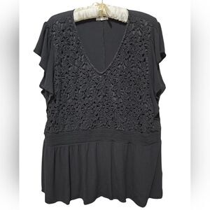 Maurices Black Crochet Flowy Gauze Babydoll Flutter Sleeve Blouse 2X